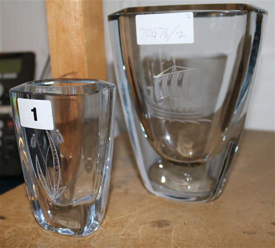 2 x Orefors blue tinted glass vases